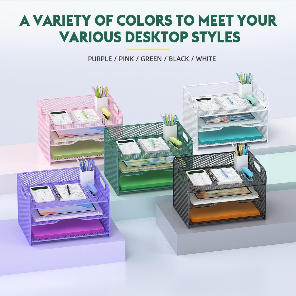 Samstar 3 Tier Green Letter Tray Paper Organizer with Handle, Mesh Desk Organizer Paper Sorter File