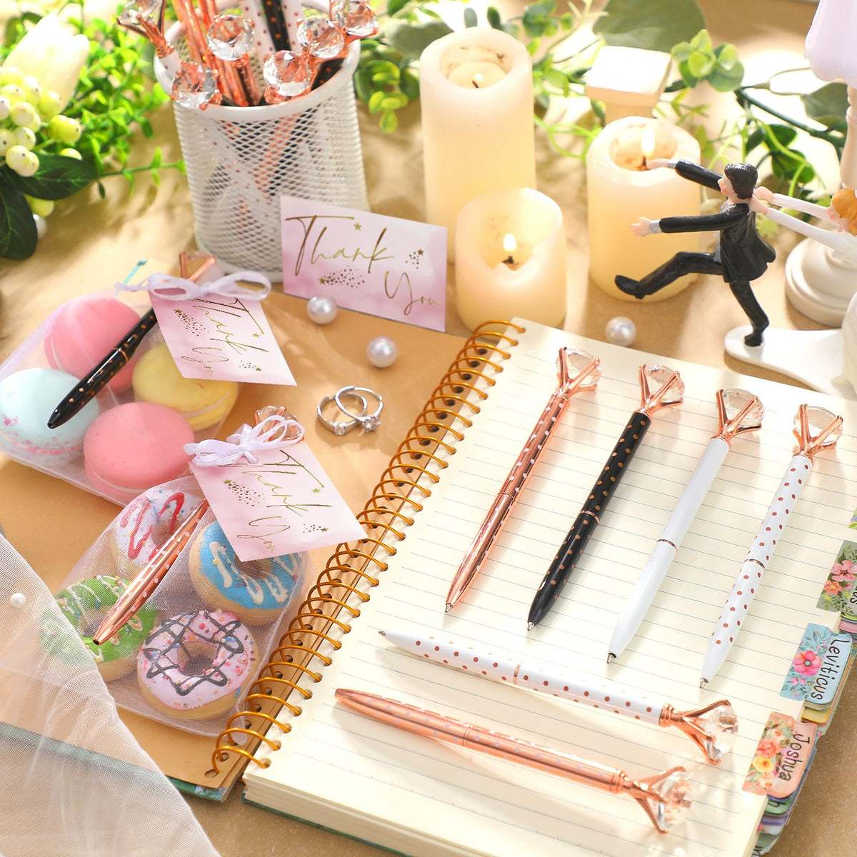Yeaqee 91 Pcs Bridal Shower Pens Set, Black, White, Rose Gold, Dot Style