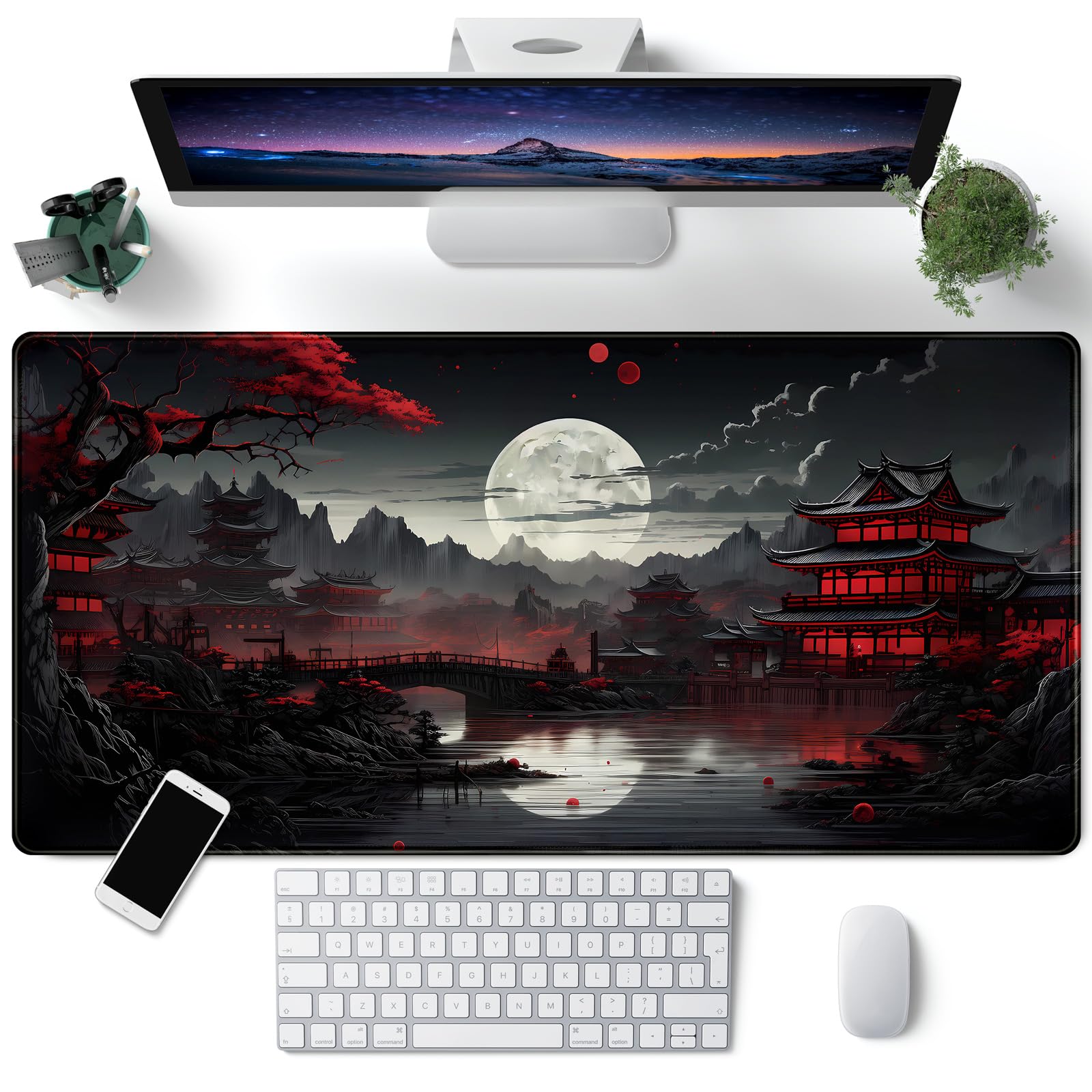 Japanese Desk Mat Riverside Full Moon Desk Pad Black Red Large Mouse Pad Gaming Mousepad Extended