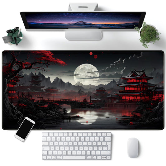 Japanese Desk Mat Riverside Full Moon Desk Pad Black Red Large Mouse Pad Gaming Mousepad Extended