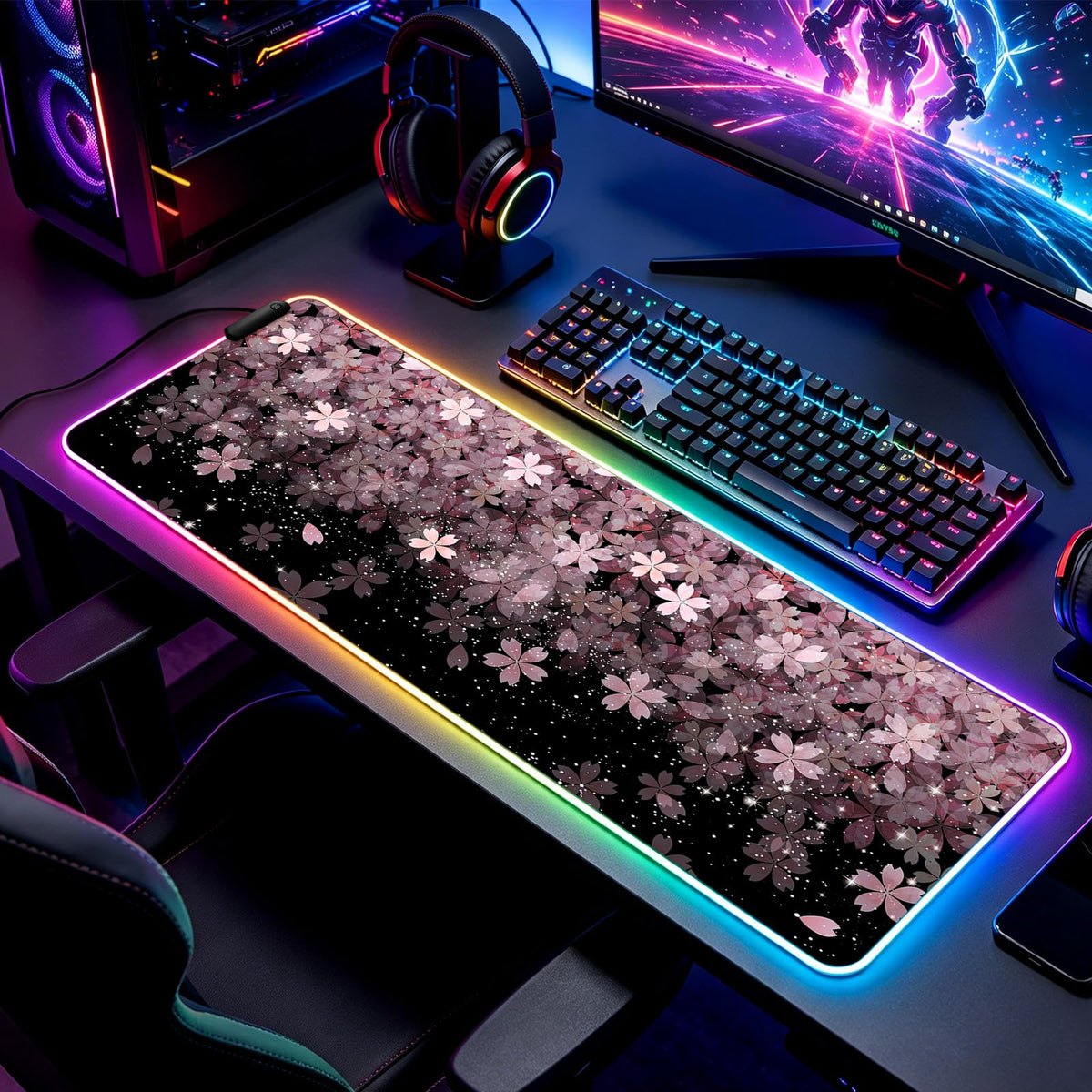 JIANG100 RGB Japanese Cherry Blossom Gaming Desk Mat & Mouse Pad, XL, Black