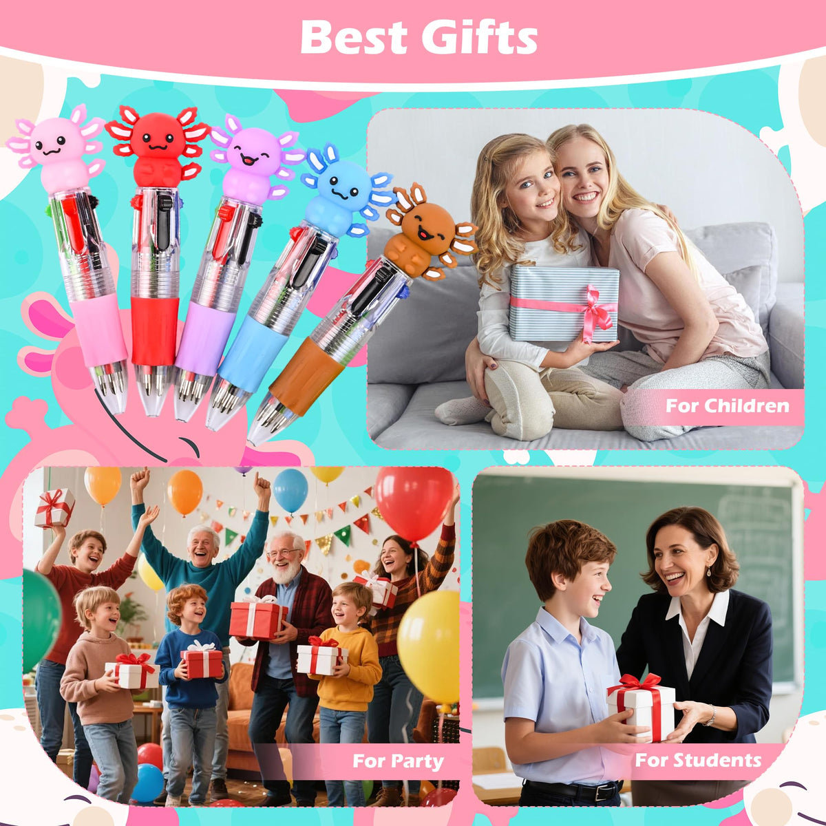 LiYiQ 50 Pcs Axolotl Party Favor Multicolor Pen in One Cartoon Cute Fun 4-in-1 Cute Pens Bulk