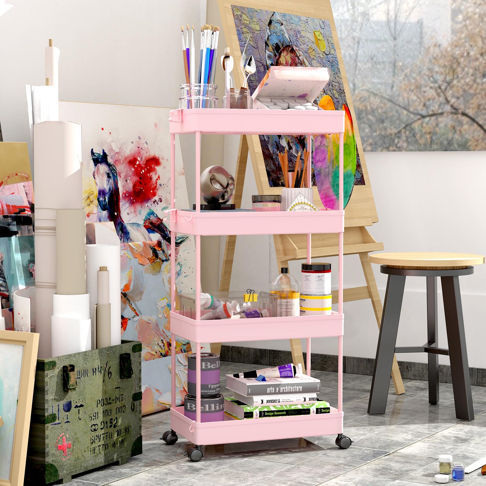 SPACEKEEPER 4 Tier Rolling Cart, Bathroom Cart Organizer with Wheels, Pink