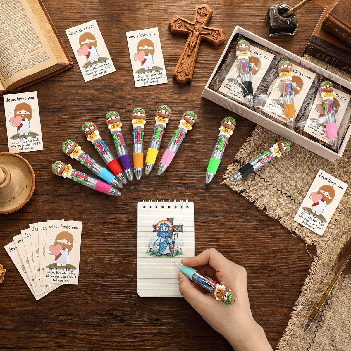 Sayglossy 30 Sets Little Jesus Pens Bulk, 4-in-1 Christian Pens with Cards