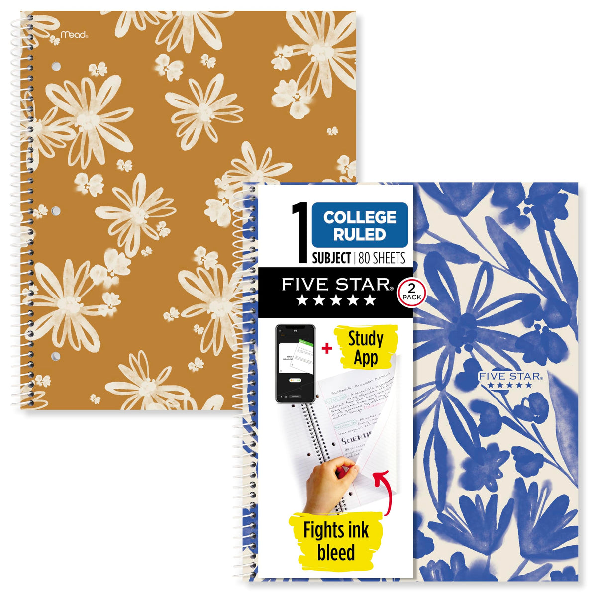 Five Star Spiral Notebook + Study App, 2 Pack, 1 Subject, College Ruled, 8-1/2" x 11", 80 Sheets