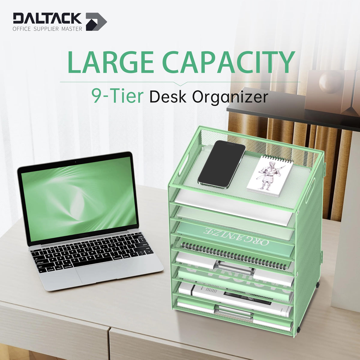 9-Tier Paper Organizer for Desk with Handles, Mint Green, 2 Pack