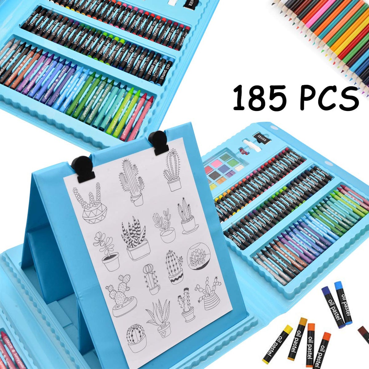 Sunnyglade 185 Pieces Double Sided Trifold Easel Art Set Art Supplies Blue