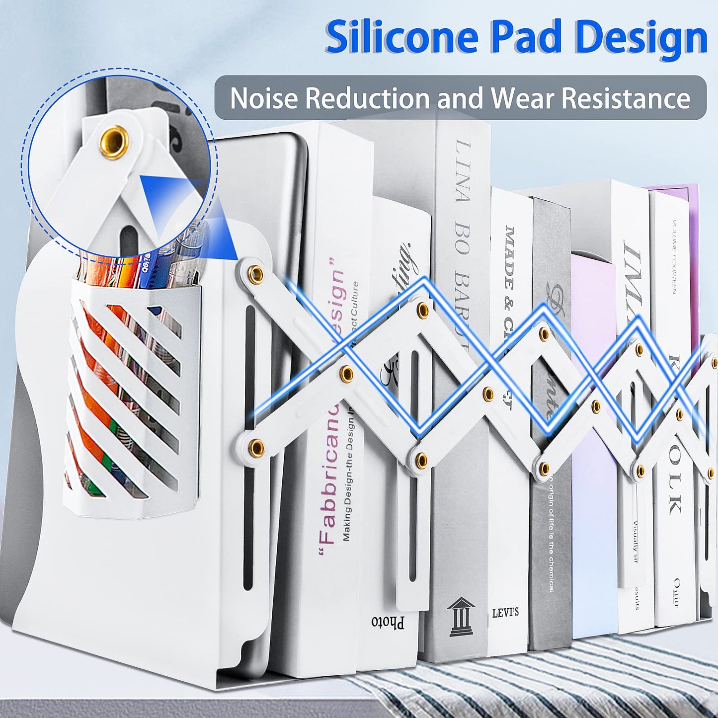 Heavy Duty Book Ends to Hold Books with Pen Holder, Adjustable Bookends, Metal Book Ends for
