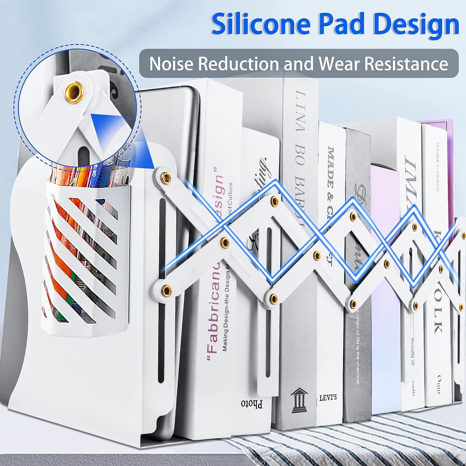 Heavy Duty Book Ends to Hold Books with Pen Holder, Adjustable Bookends, Metal Book Ends for
