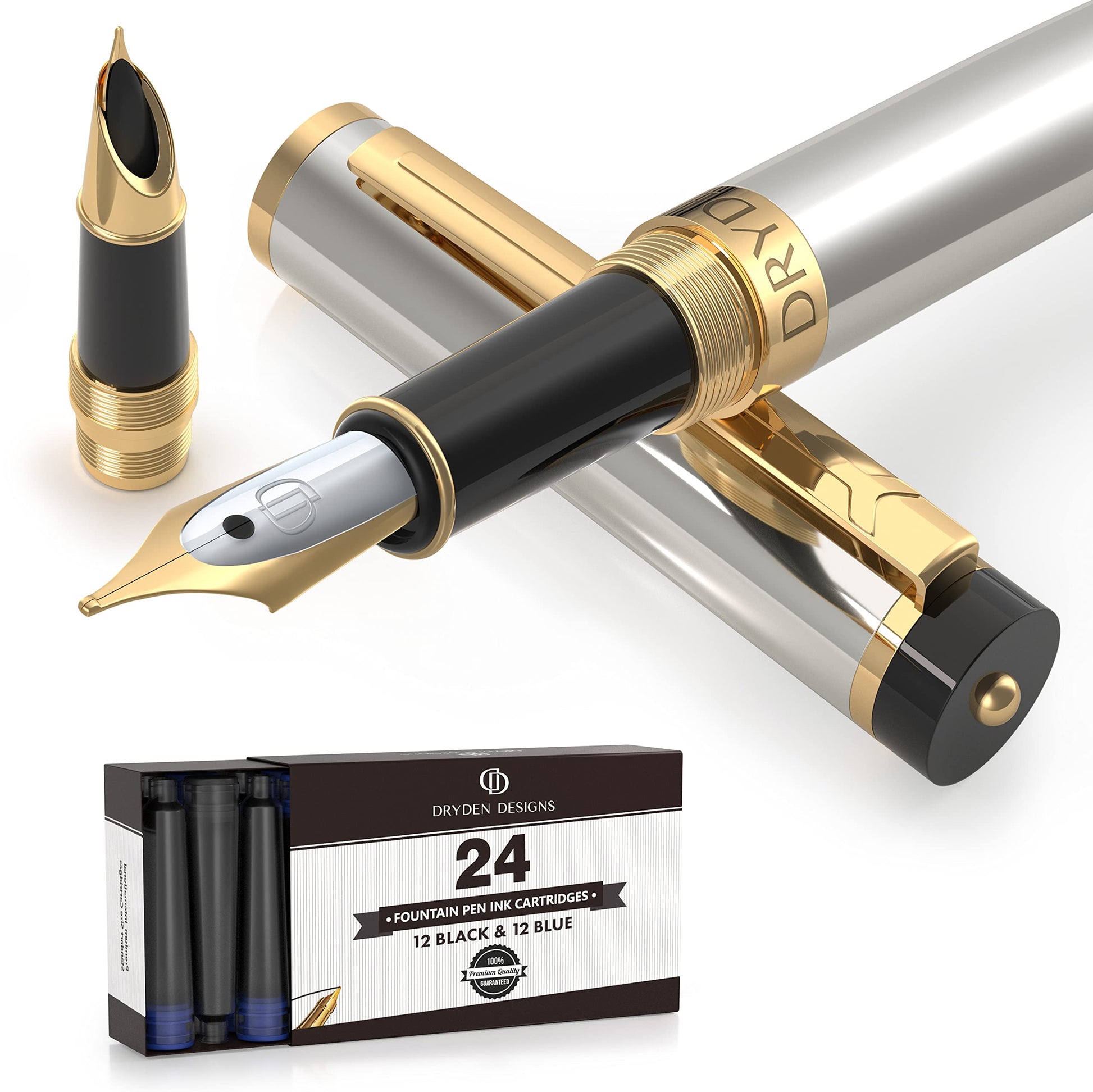 Dryden Designs Fountain Pen - Medium and Fine Nibs - Metallic Silver - Includes 24 Ink Cartridges