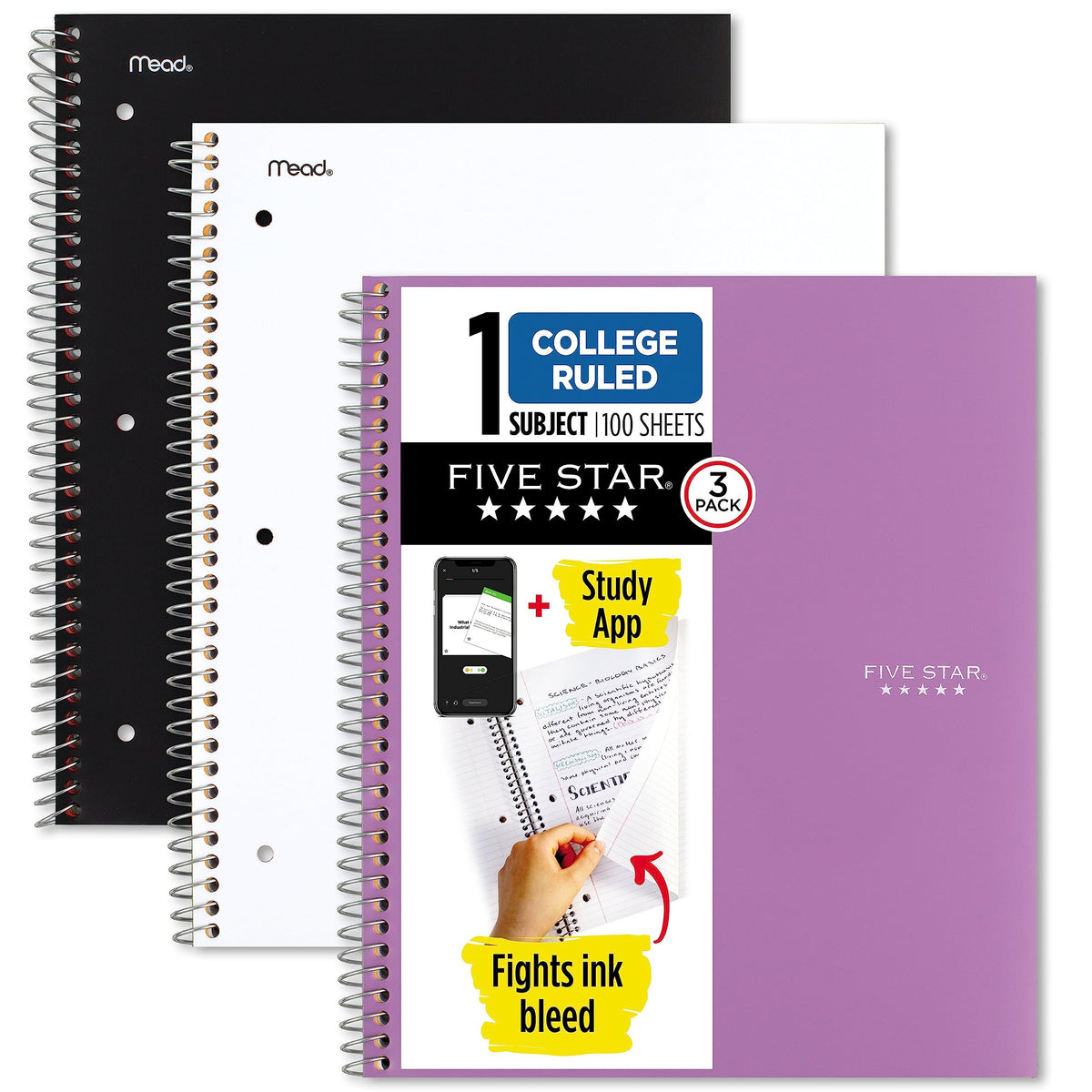 Five Star Spiral Notebooks + Study App, 3 Pack, 1-Subject, College Ruled Paper, 100 Sheets, 11" x
