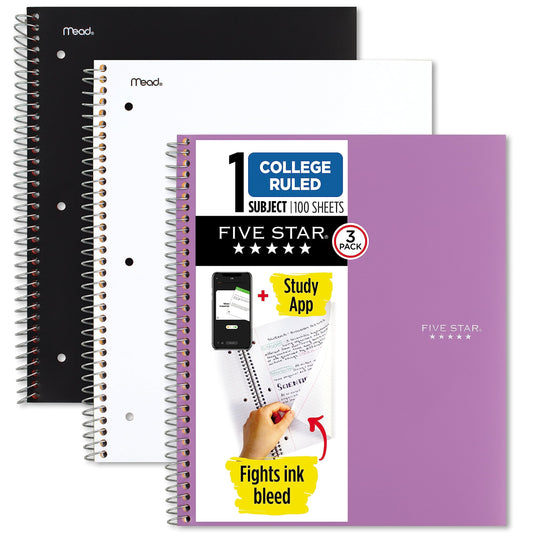 Five Star Spiral Notebooks + Study App, 3 Pack, 1-Subject, College Ruled Paper, 100 Sheets, 11" x