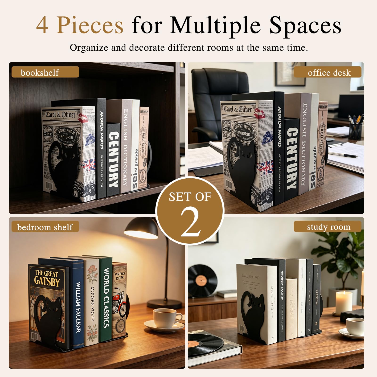 Black Cat Metal Bookends Set of 4 for Shelves, Decorative Book Ends Heavy Duty Non Slip Book Holder