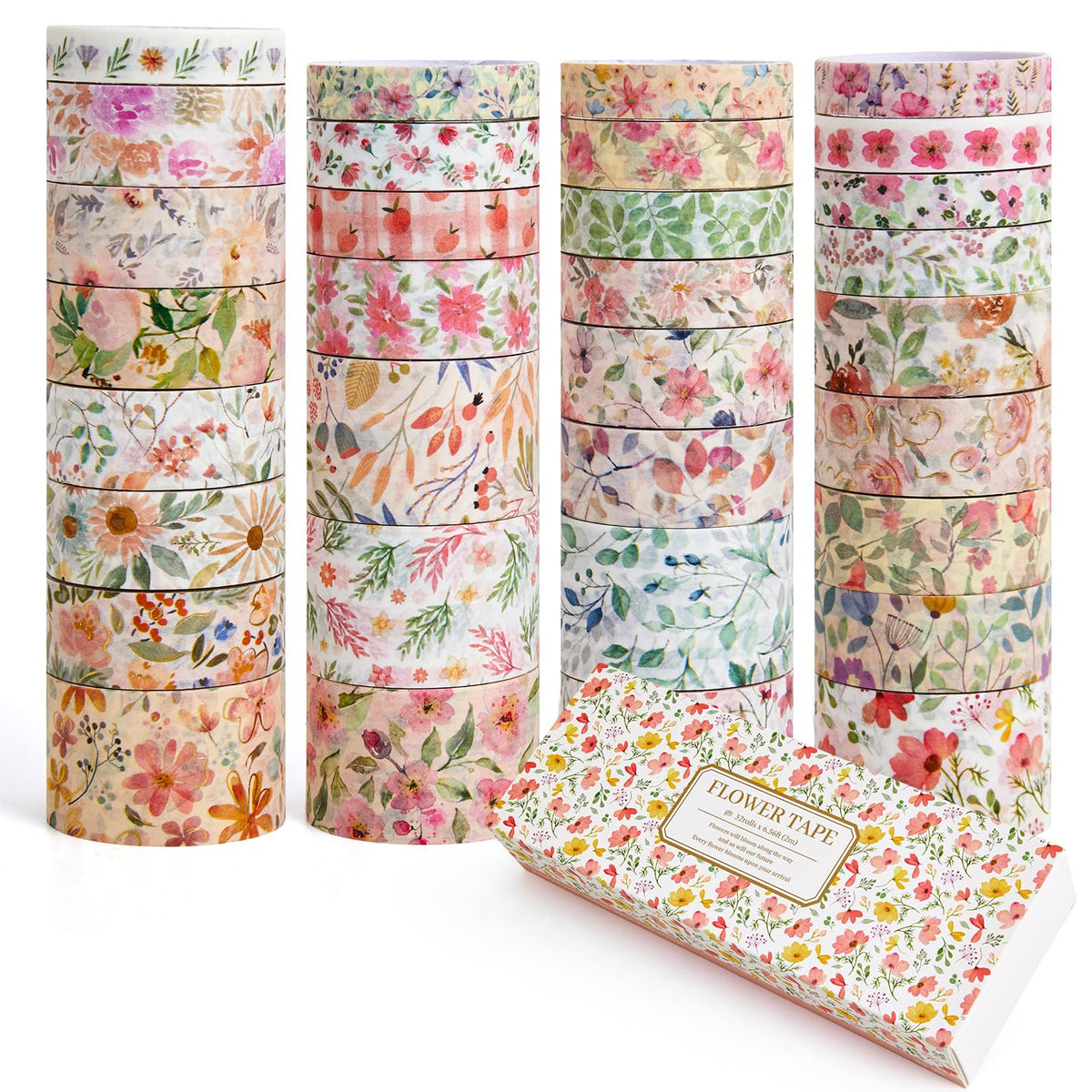 PAGEMORE 32 Rolls Washi Tape Set, Colored Floral Decorative Masking Tape, Artists Tapes for