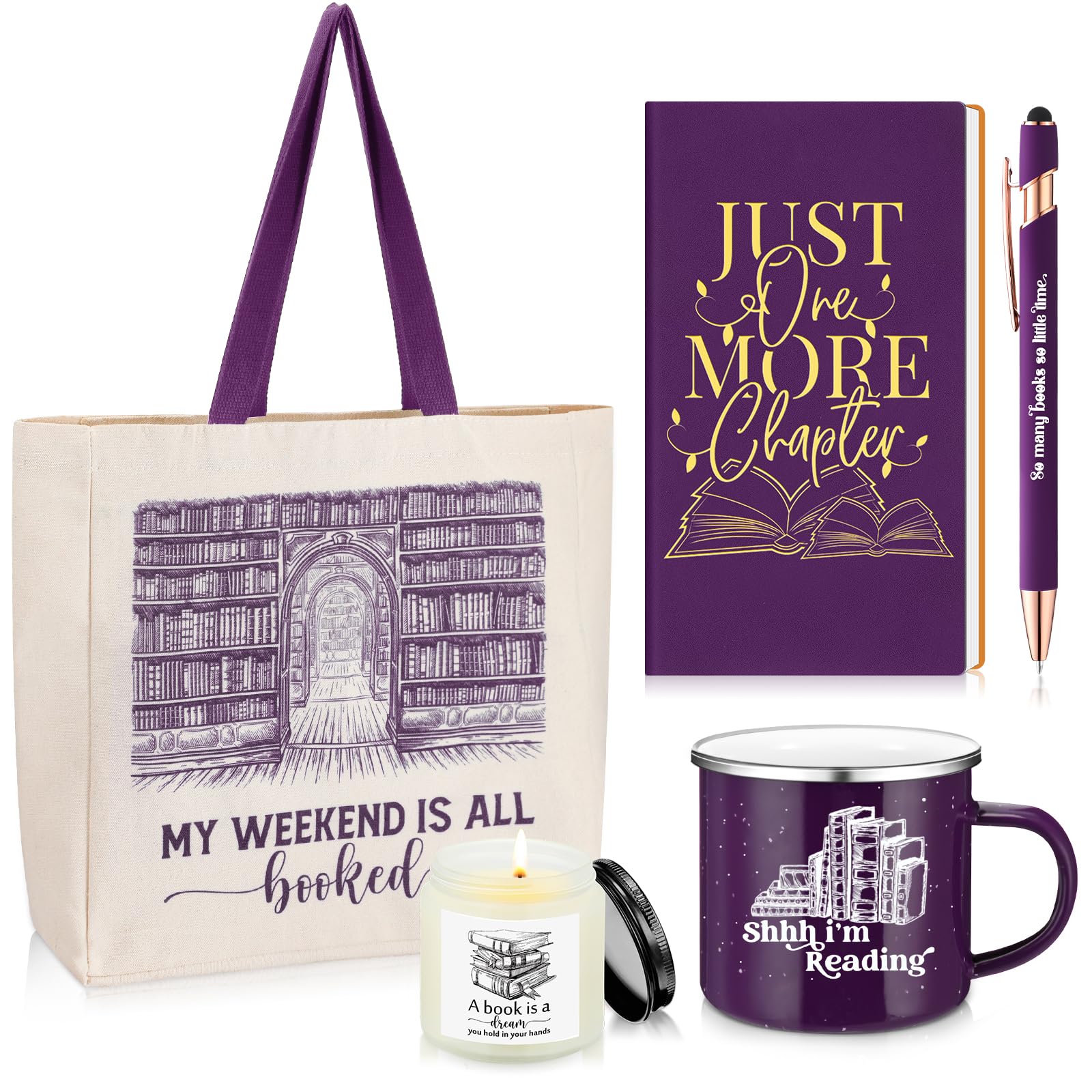 Jetec 5 Piece Book Lovers Set, Canvas Tote Bag Notebook, Candle, Purple