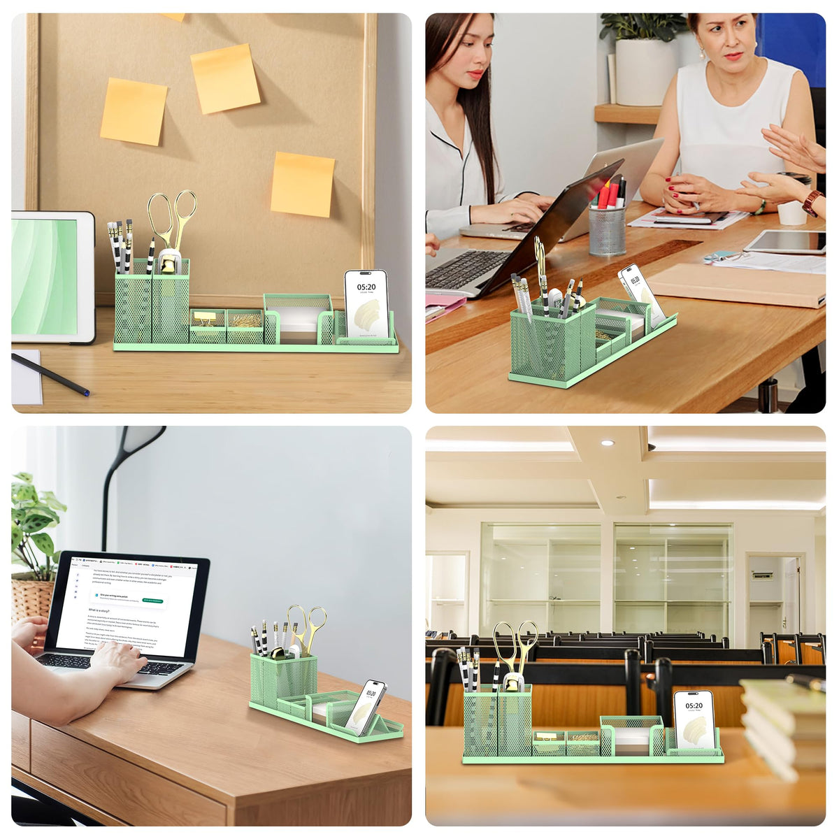 Pen Holder for Desk, 6-Piece Mesh Desk Organizer with Phone Holder, Green