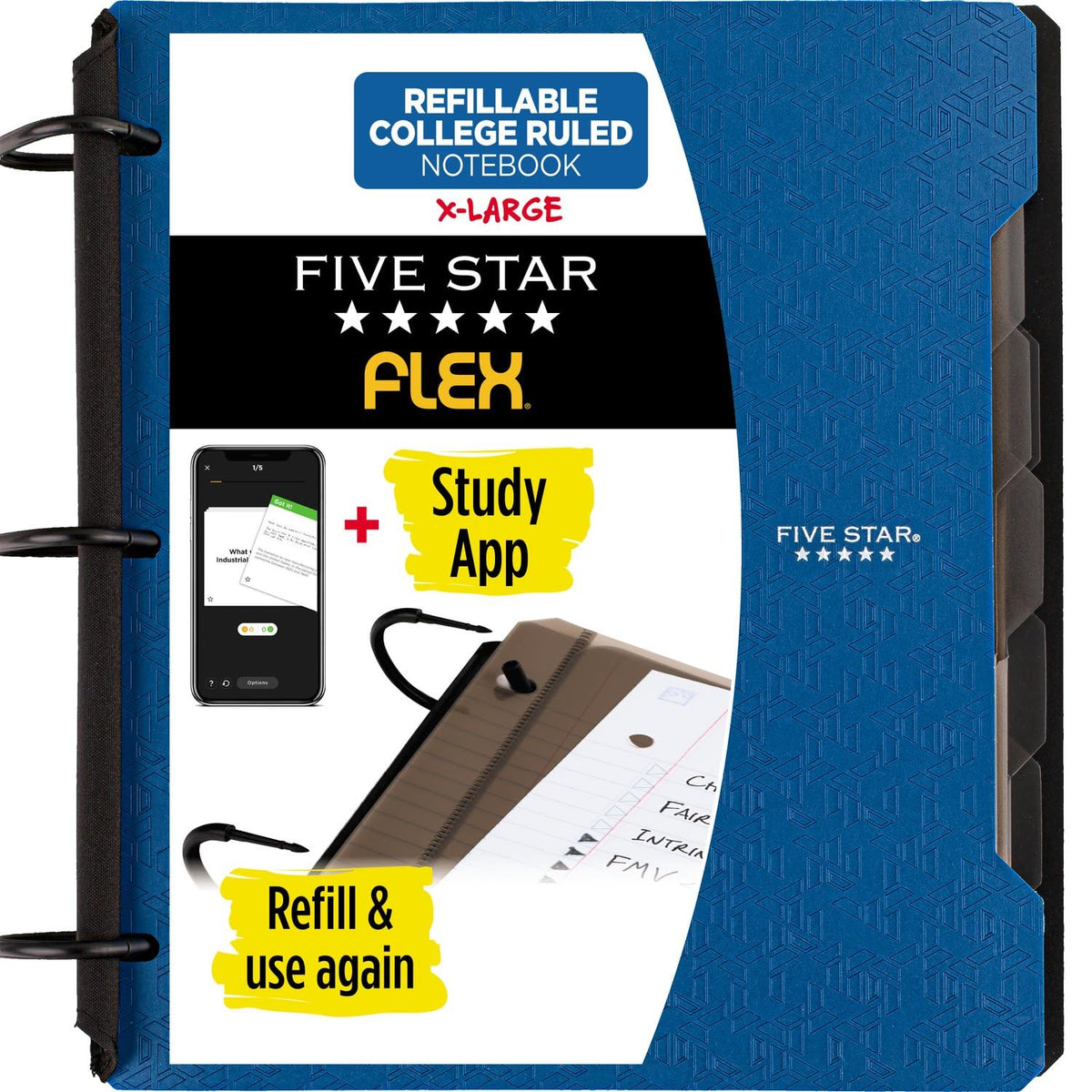 Five Star Flex Refillable Notebook + Study App, College Ruled Paper and 1-1/2 Inch TechLock Ring
