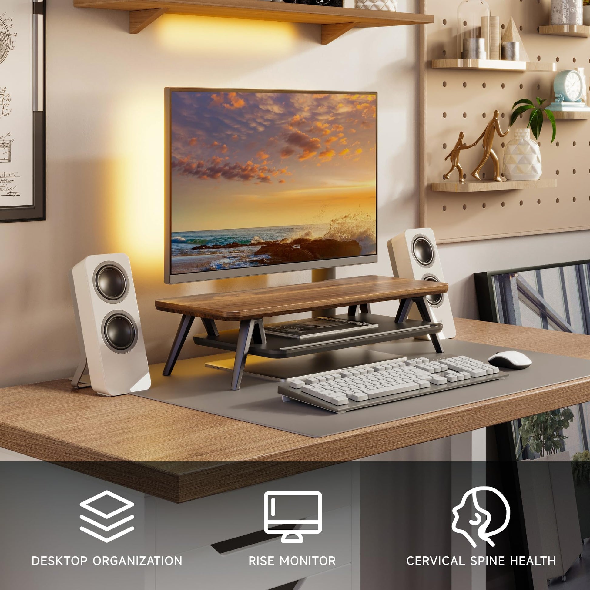 Fenge Monitor Stand Riser, Wooden Desk Shelf with 2-Tier Storage