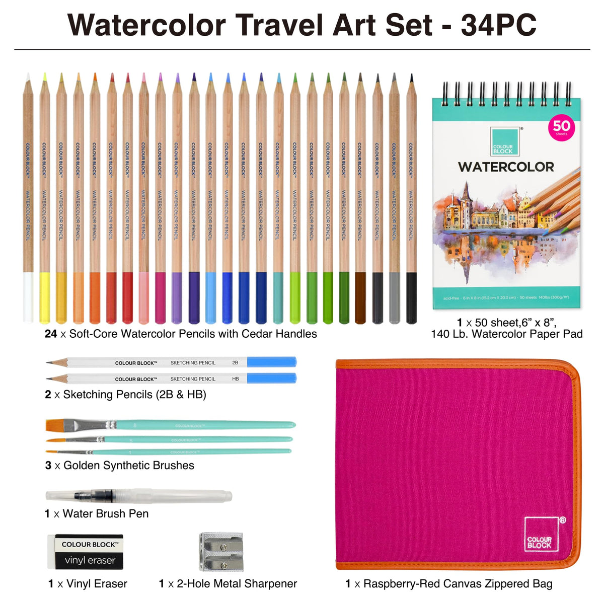 COLOUR BLOCK Watercolor Pencil Travel Art Set 34 PCS, Professional Drawing Kit, 50 Sheets Drawing