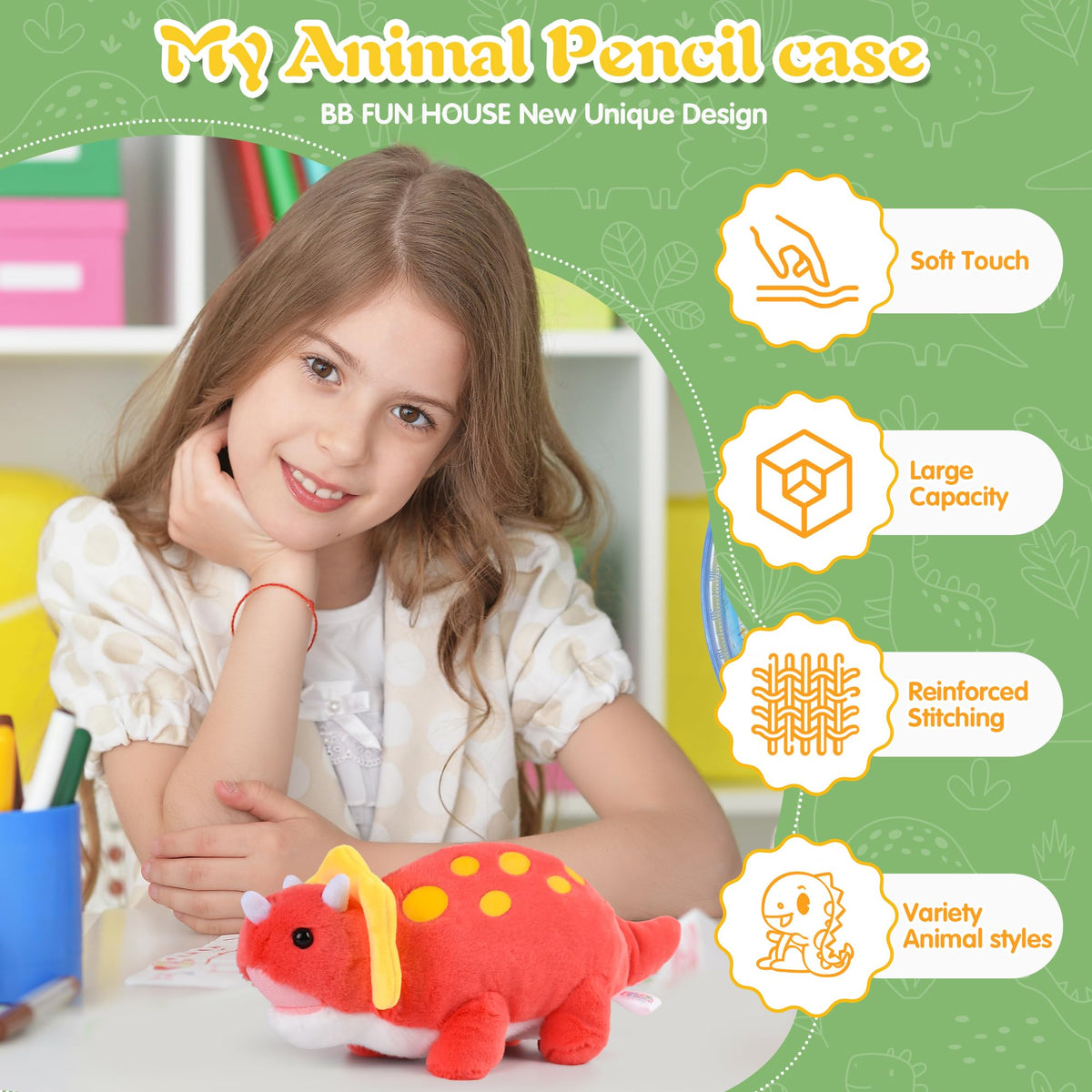 Pencil Case for Kids, BB FUNHOUSE 3D Stuffed Triceratops Plush Pen Pouch Bag Stationery Case School