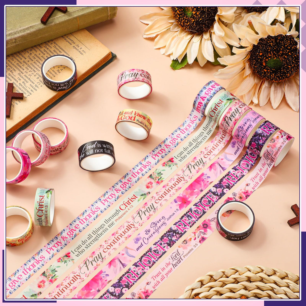 Janlaugh 24 Rolls Christian Washi Tape Gifts, Watercolor Floral Religious