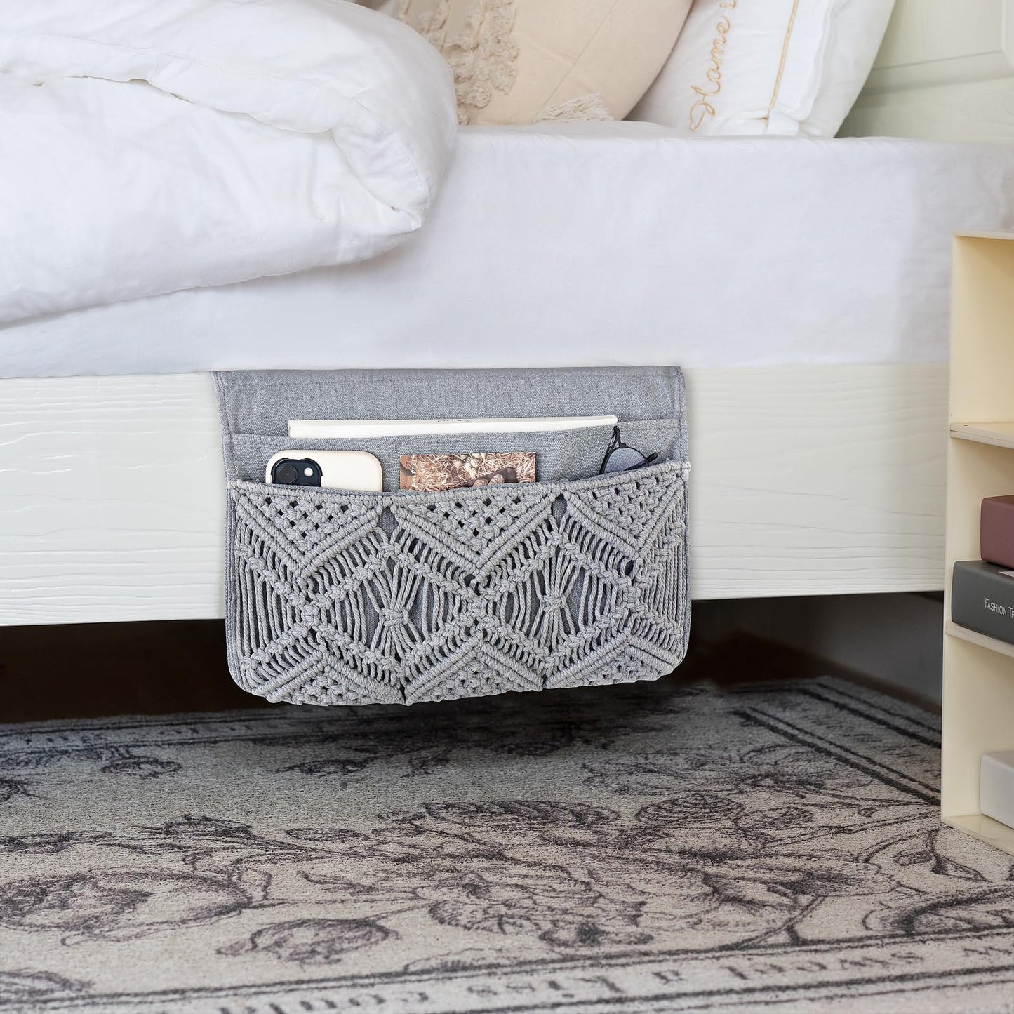 Mkono Macrame Bedside Caddy, Boho Bed Storage Organizer, 4 Pockets Grey