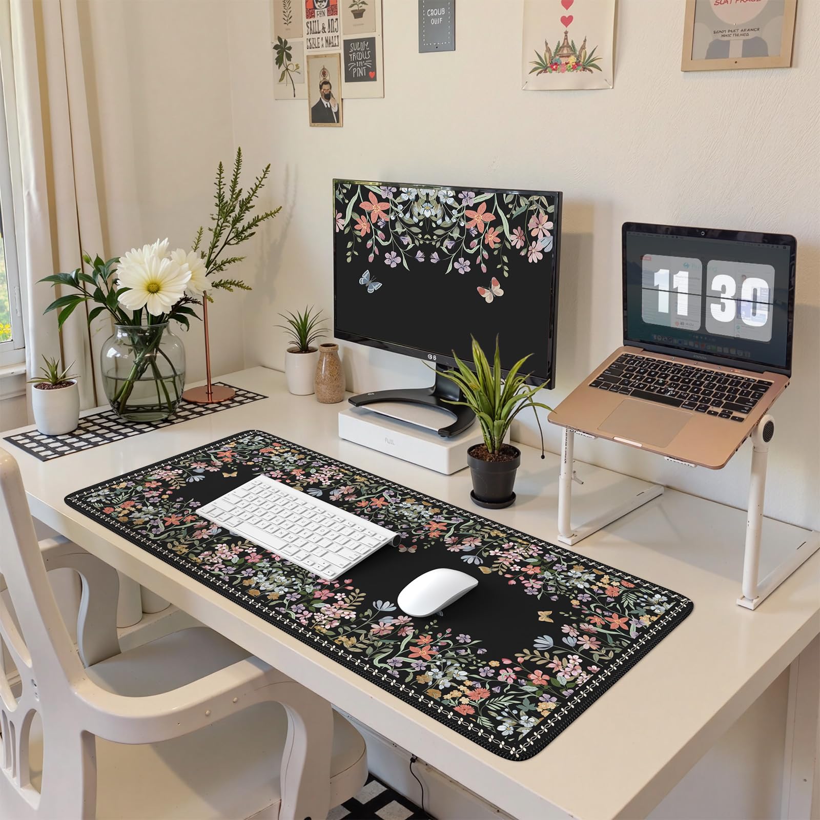 HAOCOO Floral Desk Pad, Black Computer Mat for Office Aesthetic Decor