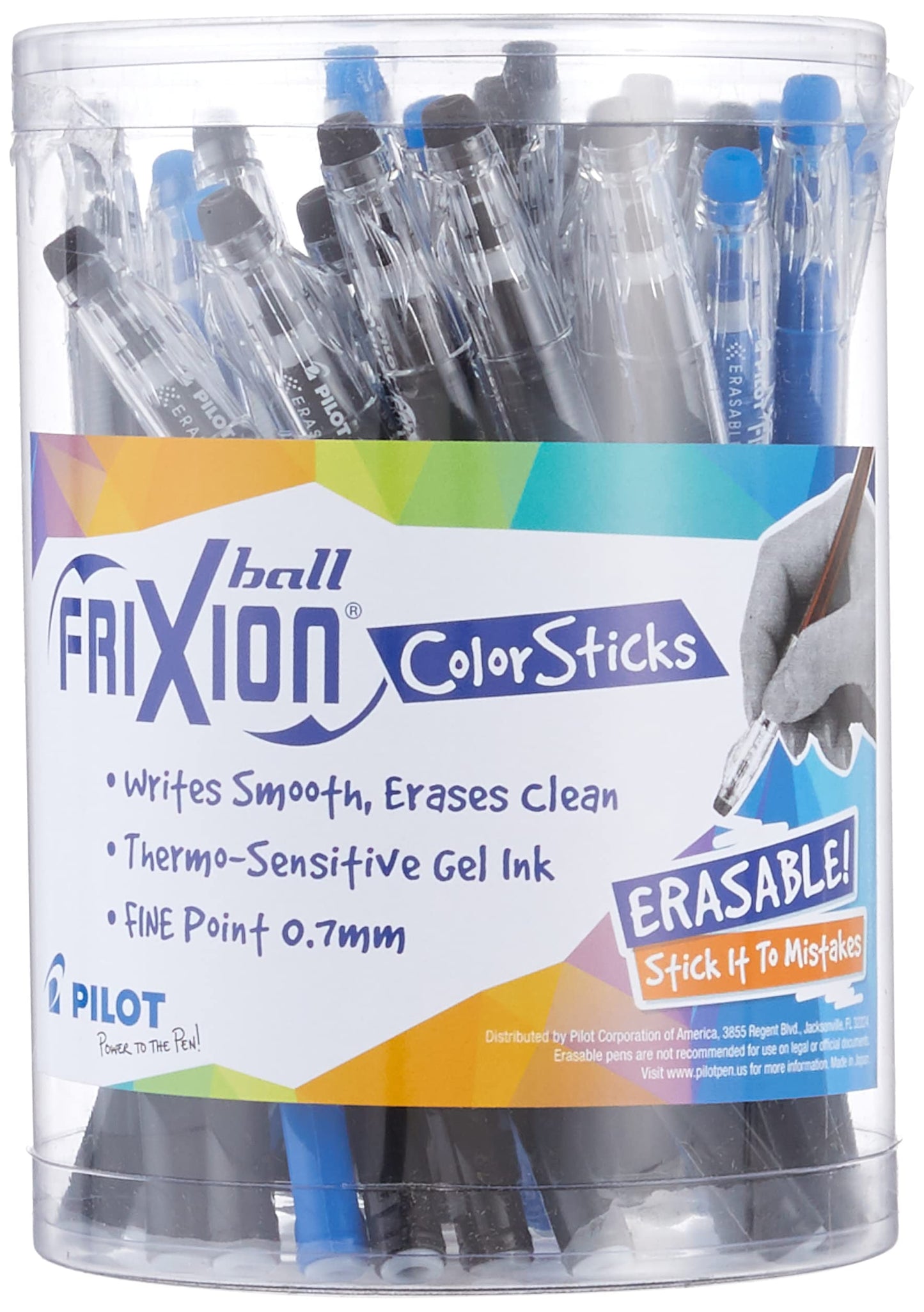 PILOT FriXion ColorSticks Erasable Gel Ink, Tub of 36, 24 Black & 12 Blue