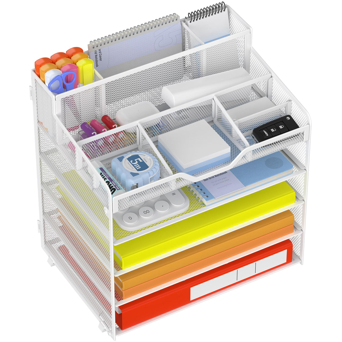 Docnest 5 Tier Mesh Desk Organizer with Letter Tray & Paper Sorter, White