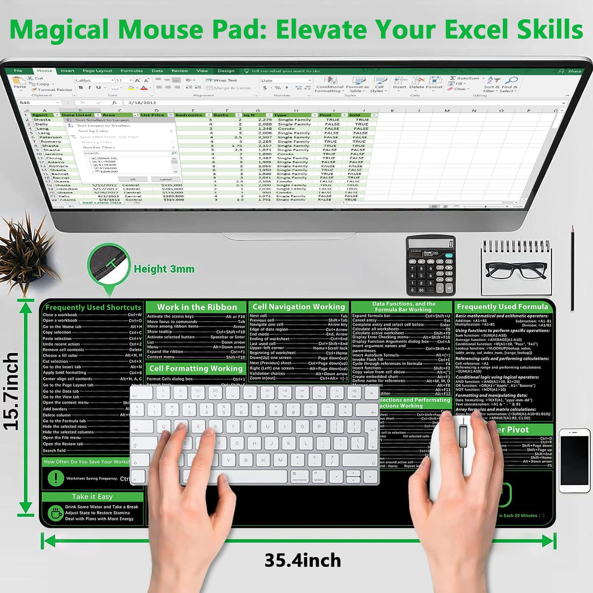 ProbTis Excel Cheat Sheet Desk Pad, Upgraded Pro Version, Excel Shortcuts Mousepad Stitched Edges