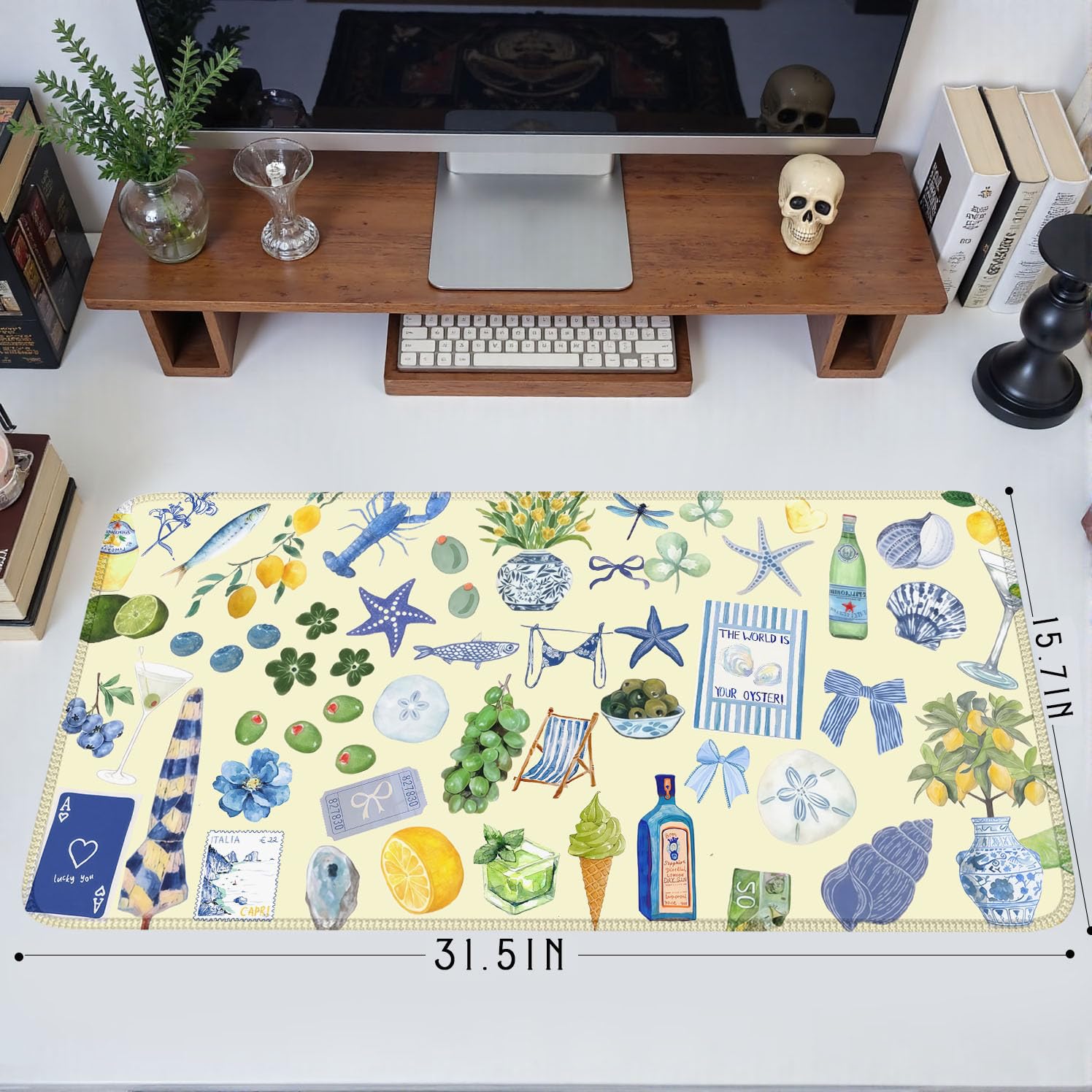Nasdalgias Cute Pastel Coastal Desk Mat with Vibrant Sea Life Beige Large Mouse Pad Cozy Aesthetic
