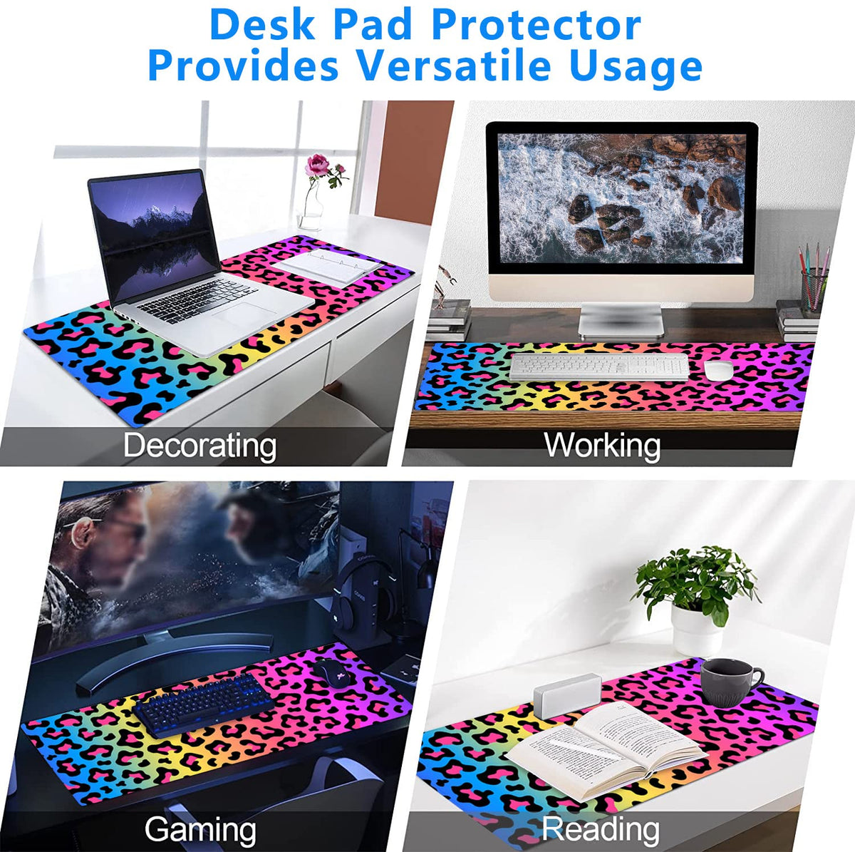 Hanazaoa Large Mouse Pad,Neon Rainbow Leopard Print Large XL Desk Mat Extended Waterproof Mouse Mat