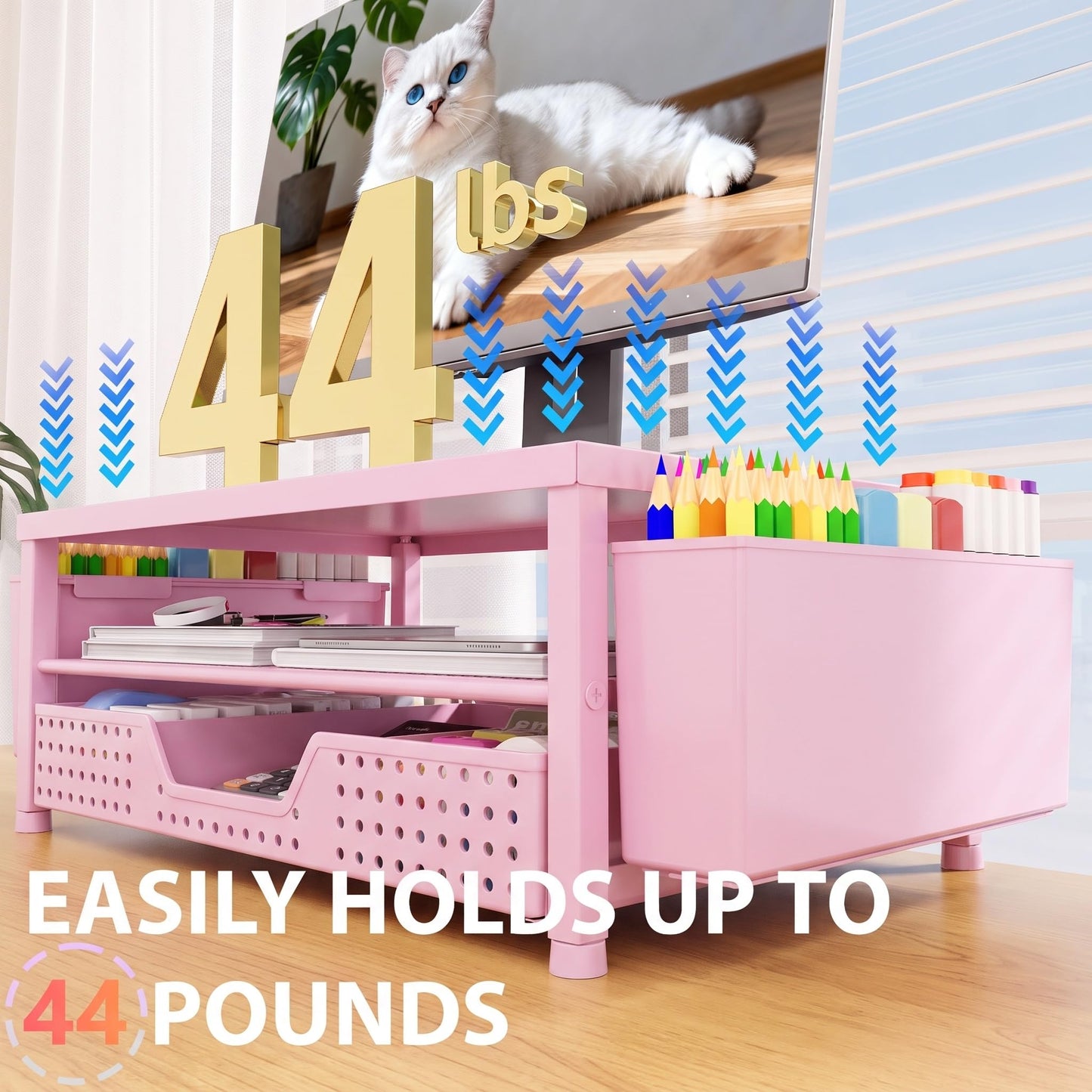 OPNICE Desk Organizers and Accessories, Computer Monitor Stand Riser with Drawer and 2 Pen Holders
