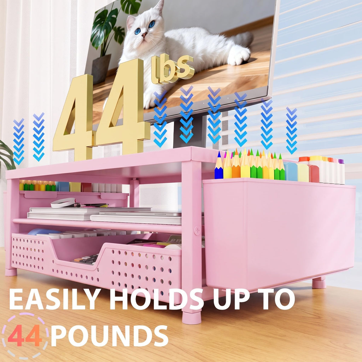 OPNICE Desk Organizers and Accessories, Computer Monitor Stand Riser with Drawer and 2 Pen Holders