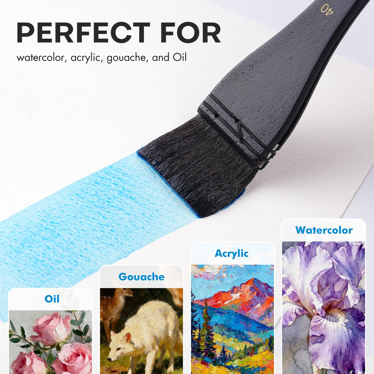 Flat Watercolor Brushes, Fuumuui 40mm Professional Squirrel Hair Flat Hake Brushes, Artists Scale