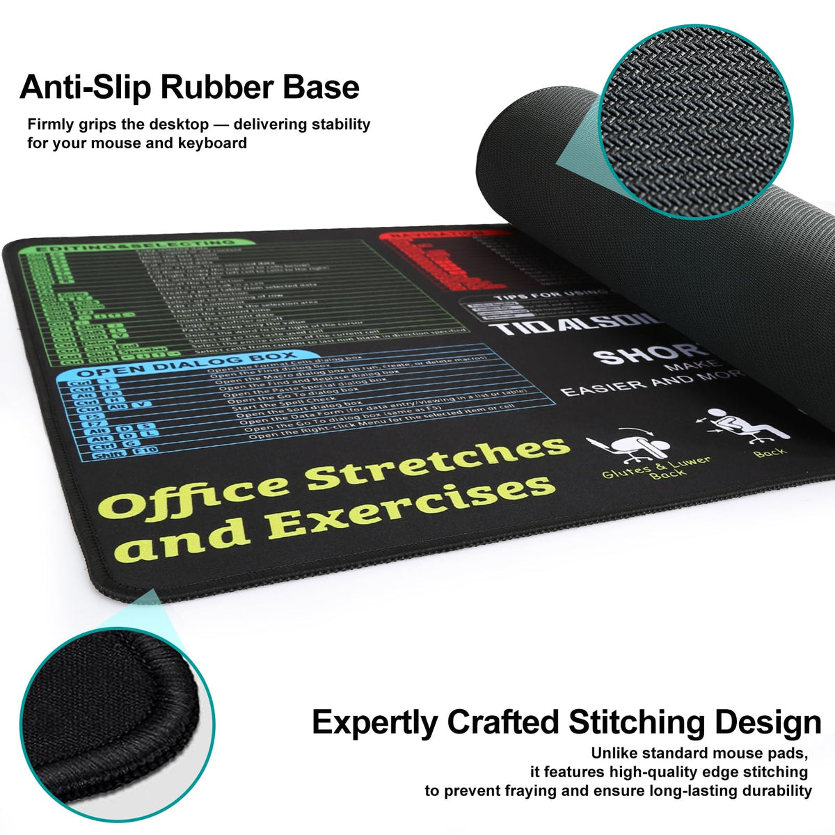 TIDALSOIL XXL Excel Shortcut Mouse Pad, Oversize Mat with Stretch Guide