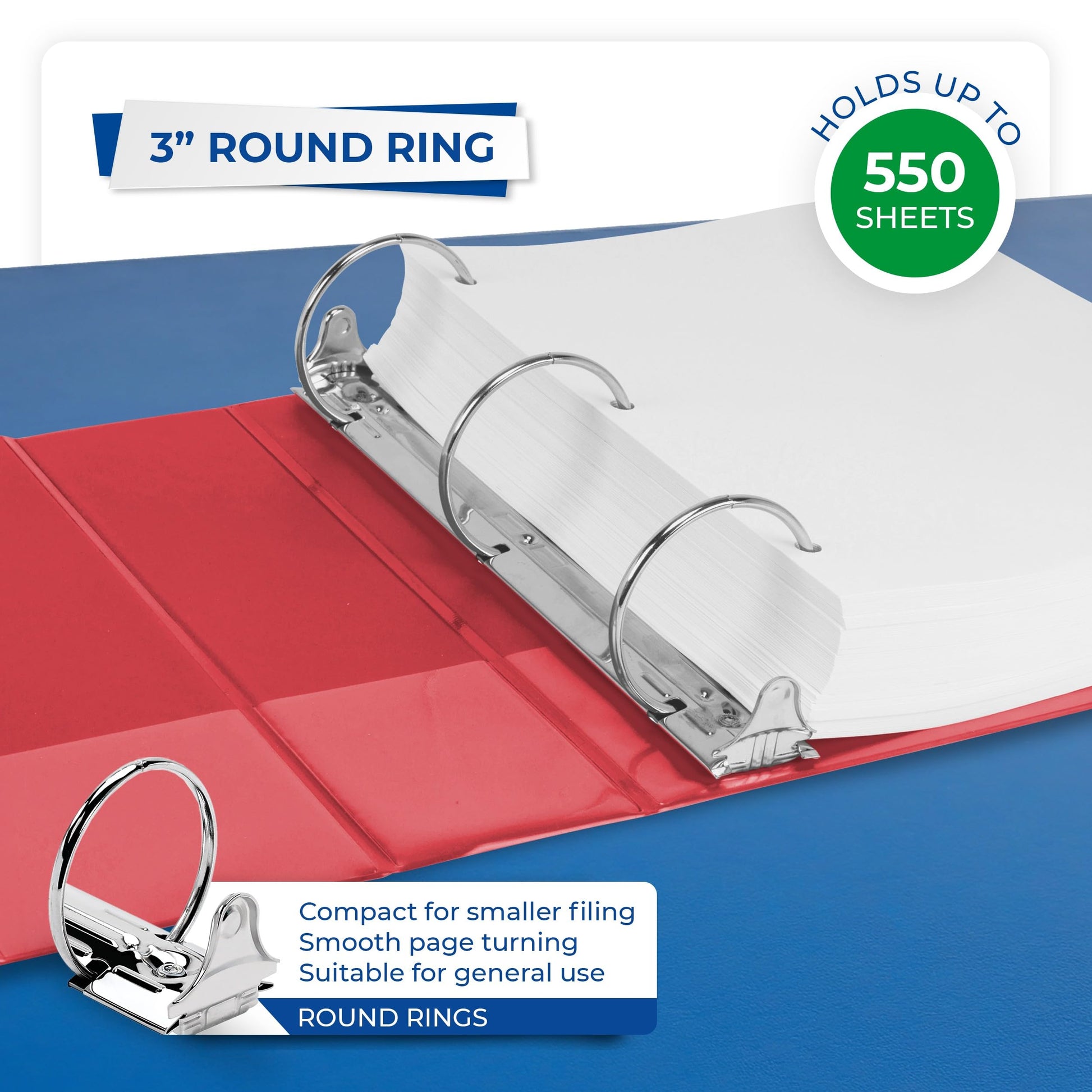 Samsill 3 Inch 3 Ring Binders, Economy Round Ring, Clear View Cover, 550 Sheet Capacity - for