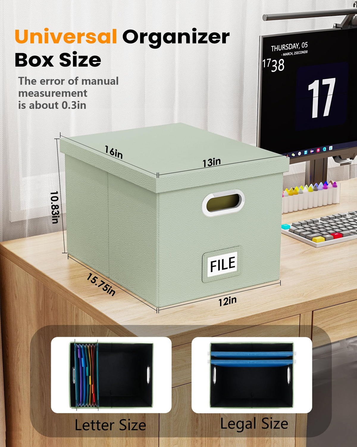 2 Pack File Storage Organizer, Portable File Box with Lid, Fit for Letter/Legal File Folder