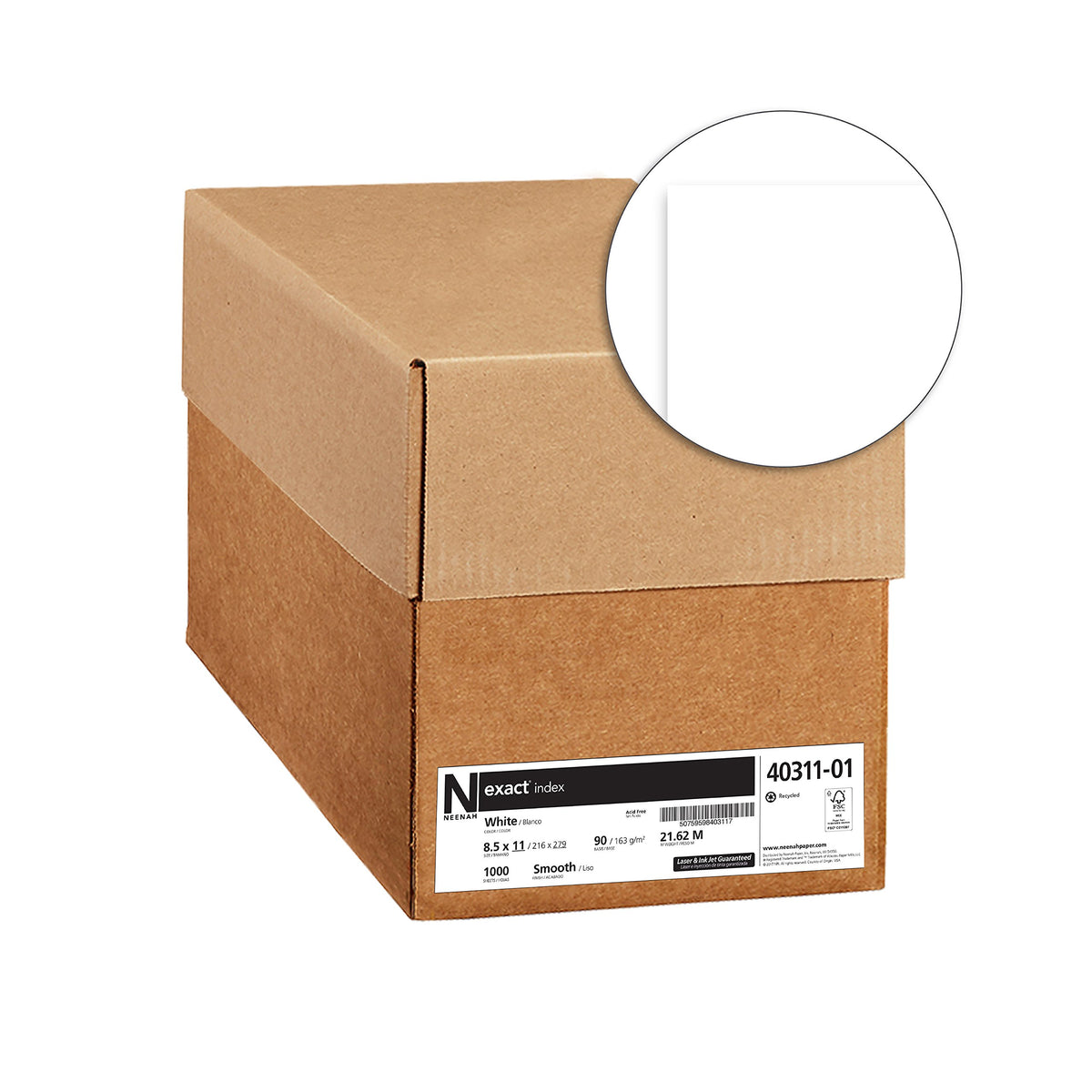 Exact Index Cardstock, 94 Brightness, 90 lb /163 gsm, 1000 Sheets/Carton, 8.5" x 11", White