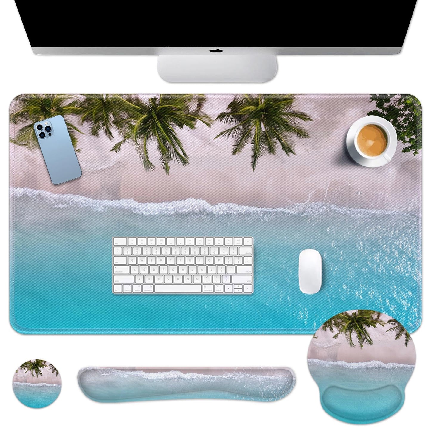 Britimes Keyboard Mouse Pad Set, 4 in 1 Desk Mat Set, Ocean Beach Blue