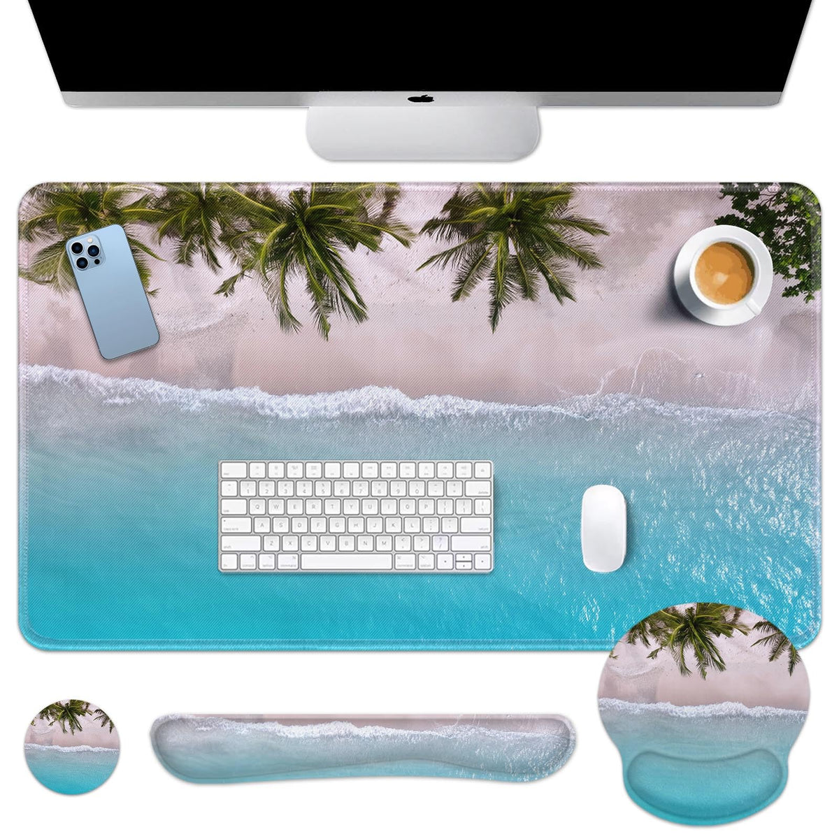 Britimes Keyboard Mouse Pad Set, 4 in 1 Desk Mat Set, Ocean Beach Blue