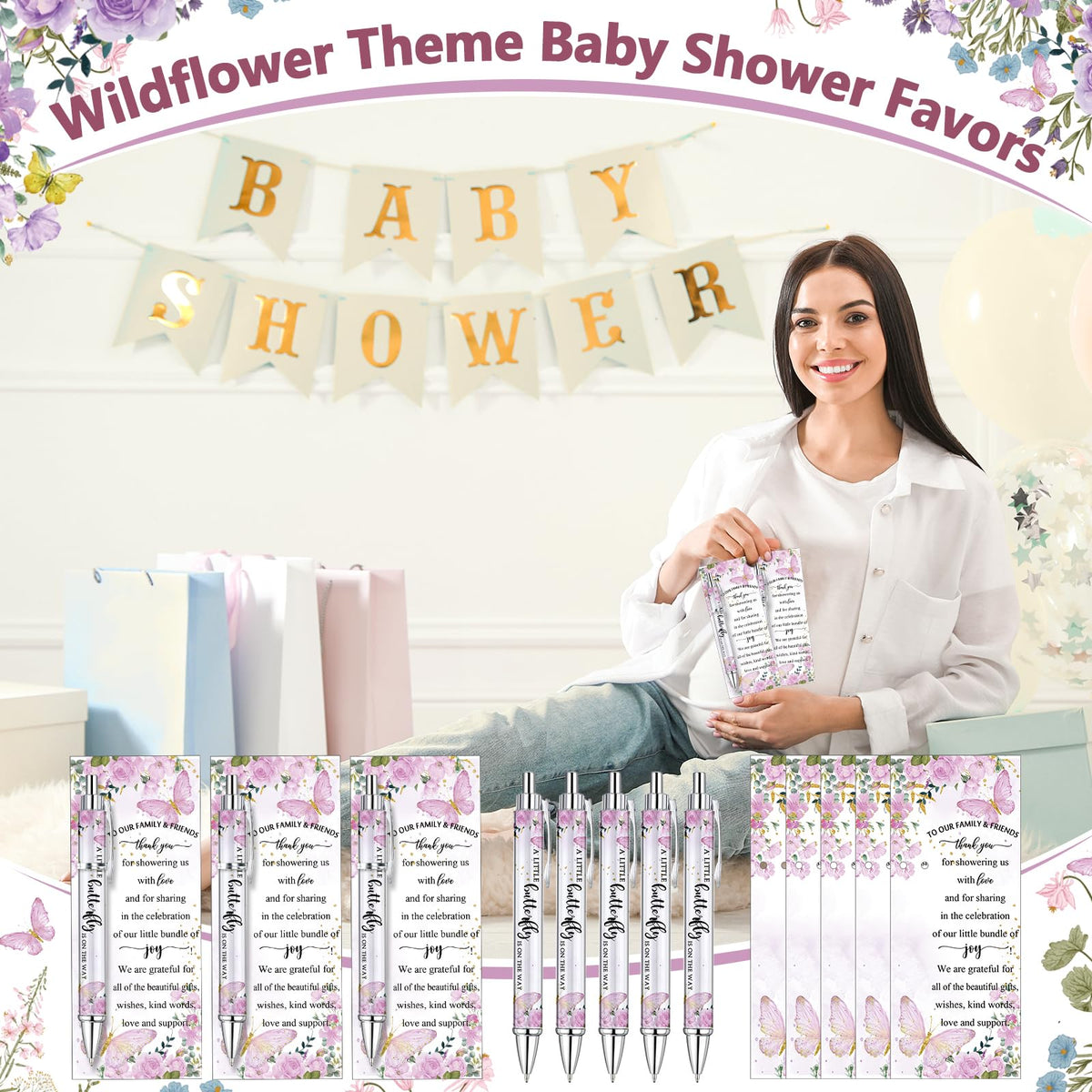 Dinifee 36 Sets Butterfly Baby Shower Favor, Pink Pen with Greeting Cards