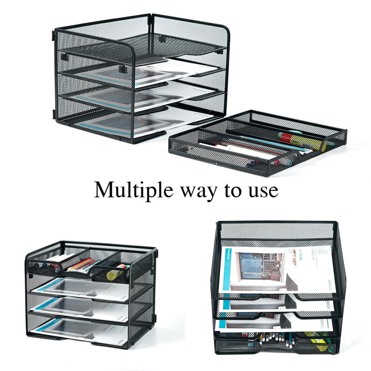 SETTFRFE 4-Tier Metal Desk Organizer-Paper Letter Tray with Drawer,Black