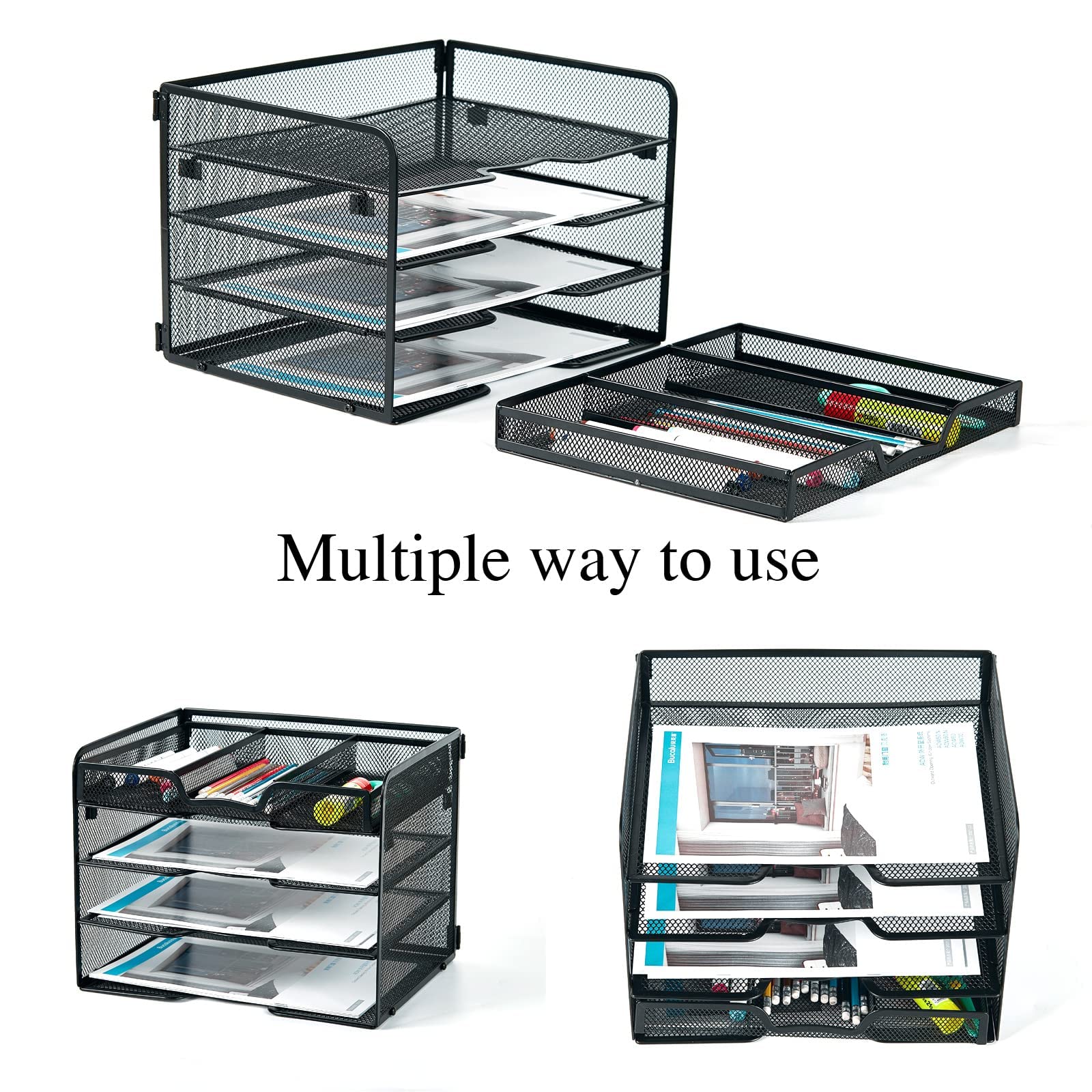 SETTFRFE 4-Tier Metal Desk Organizer-Paper Letter Tray with Drawer,Black