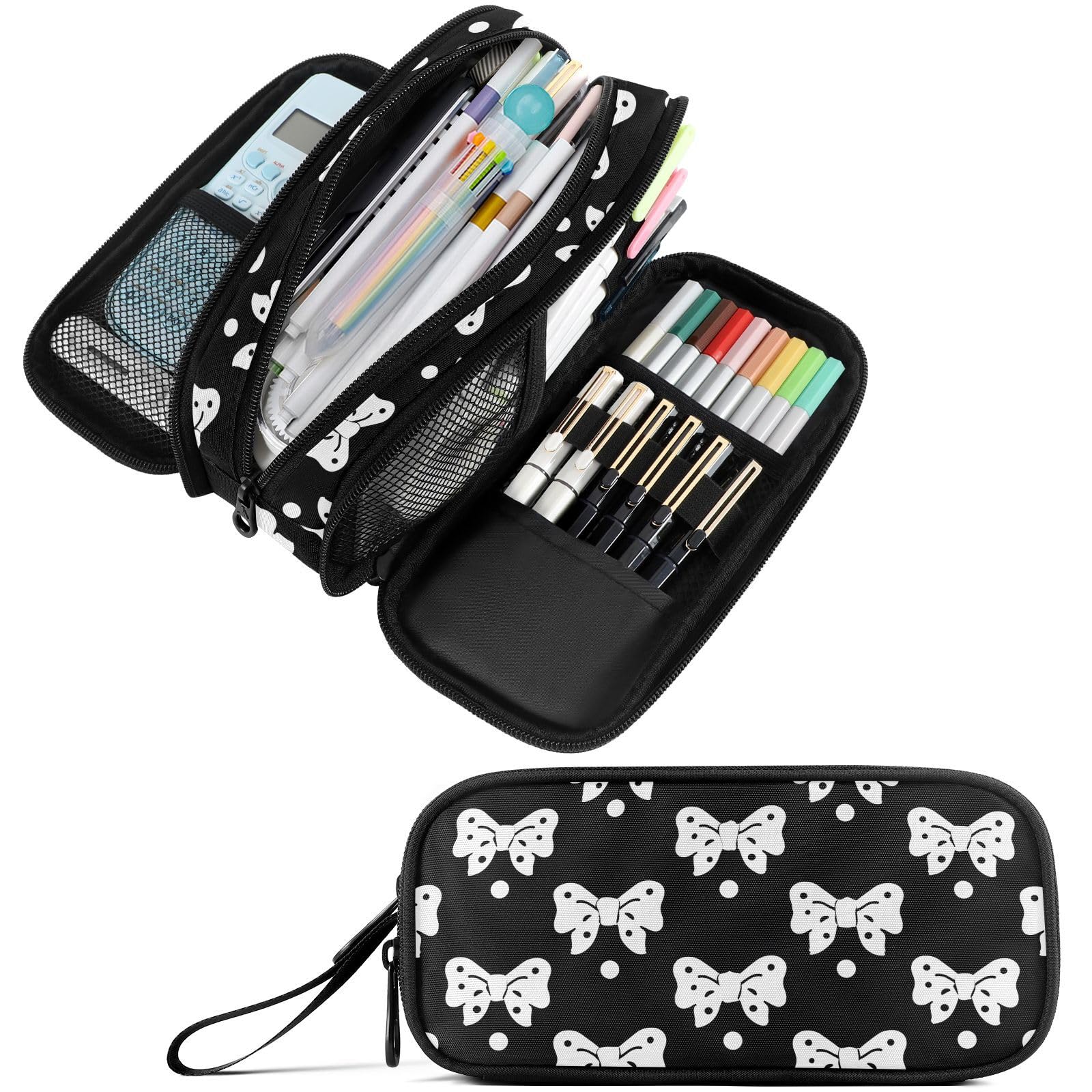 Fustylead Bows Large Pencil Case, Minimalist Portable Stationery Bag Cosmetics Bag with Handle for