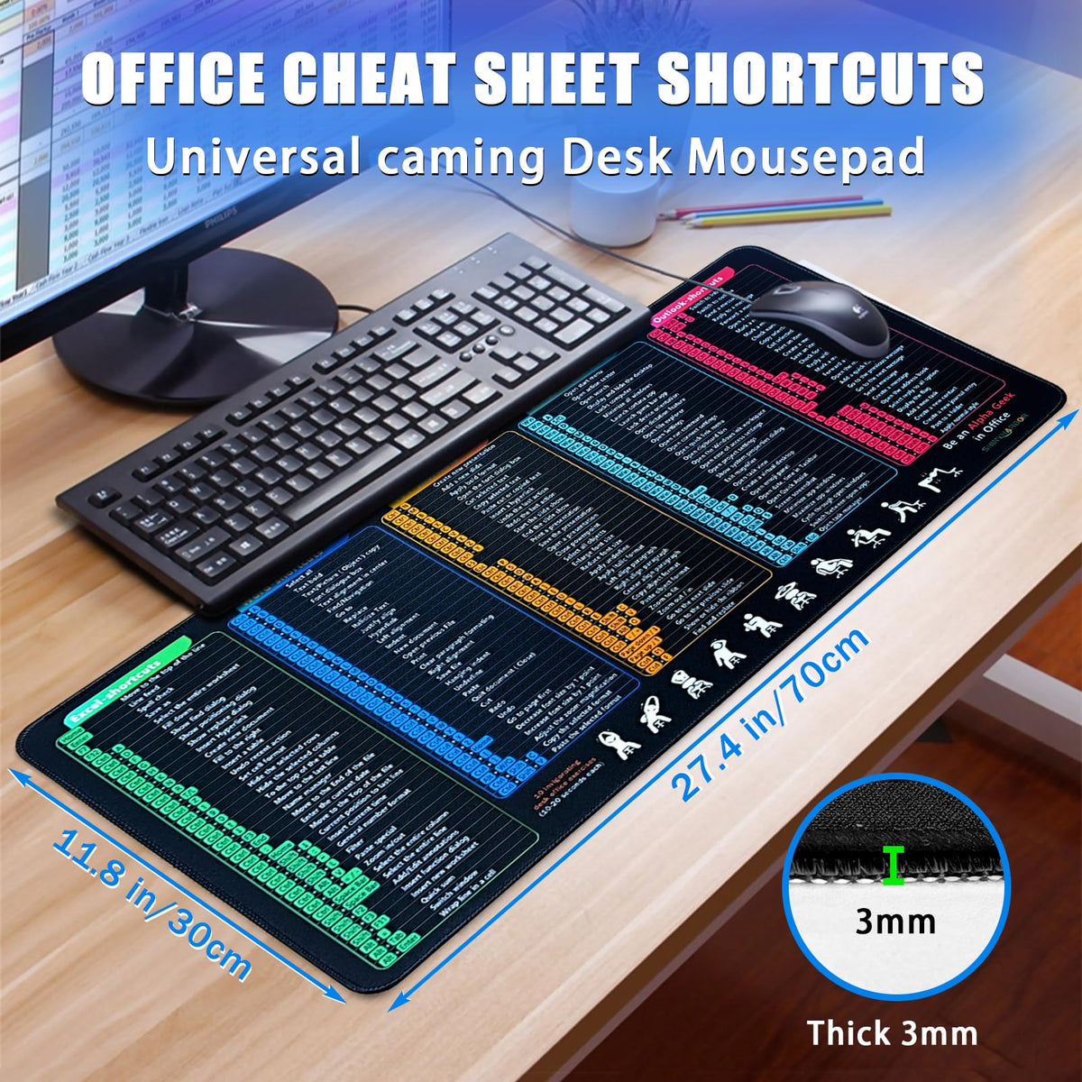 Windows/Word/PPT/Classic Outlook/Excel Shortcuts Mouse Pad, 27.4x11.8in