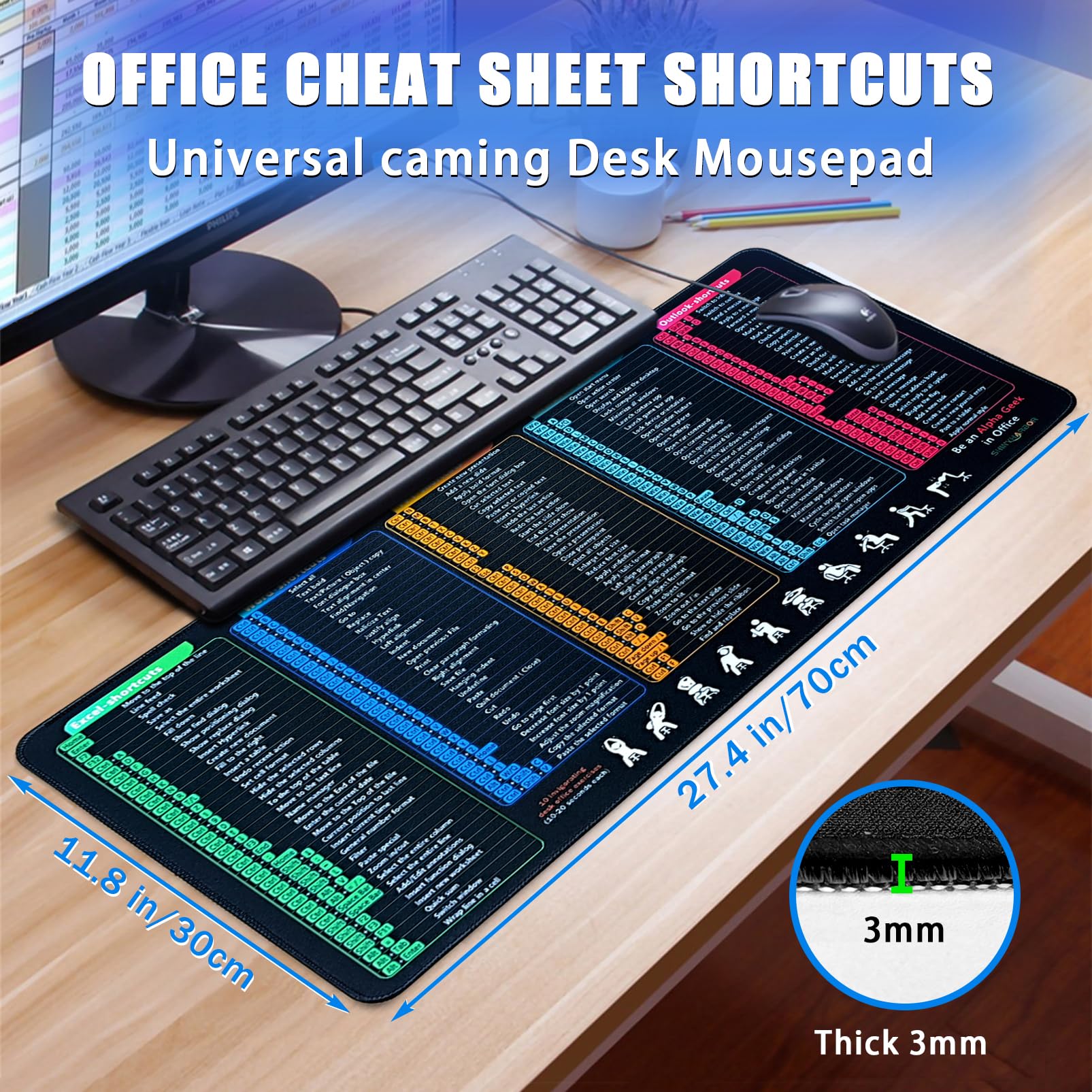 Windows/Word/PPT/Classic Outlook/Excel Shortcuts Mouse Pad, 27.4x11.8in