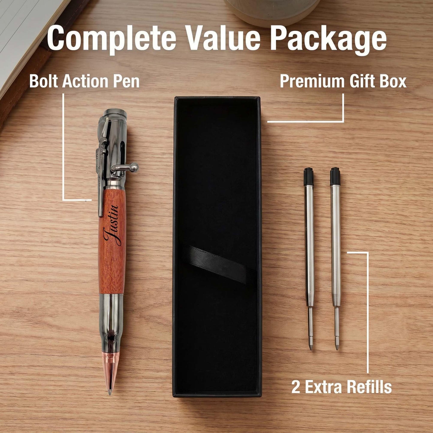 Blireana Personalized Bolt Action Pen, Free Engraved Wood Metal Ballpoint Pen with 2 Refills