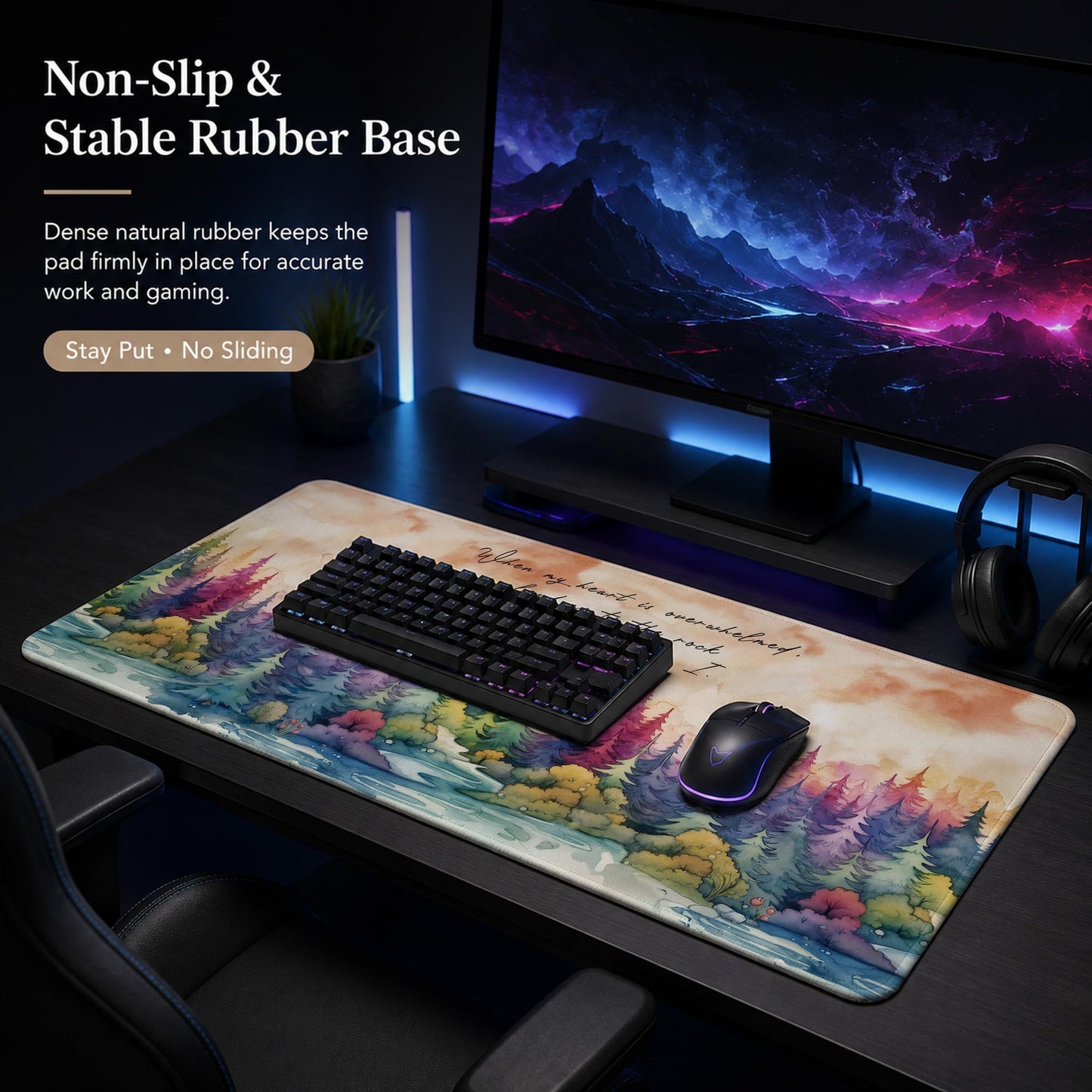 DOFQZ Psalm 61:2 Watercolor Forest Christian Large Mouse Pad 31.5x15,M009