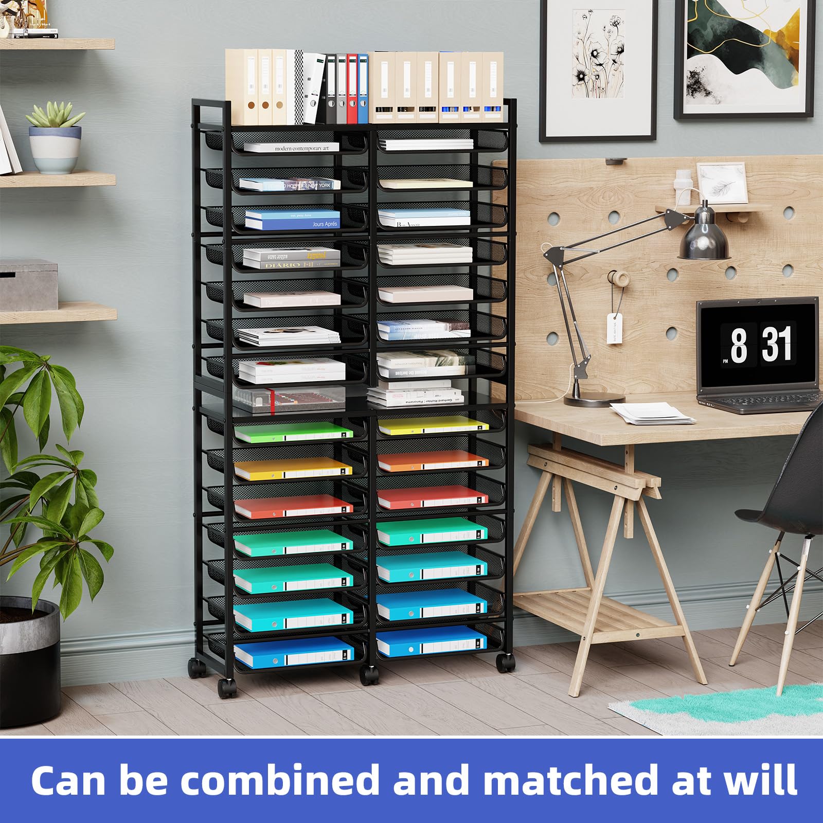 Simple Trending 15-Tier Rolling File Cart, Desk File Organizer with 14 Mesh Sliding Trays, Letter &